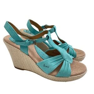 BOC Born Sandals Women's 10/42 Teal Leather Espadrille Wedge Open Toe Slingback